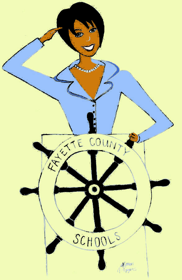 A drawing of Marlene Helm taking charge as superintendent. 