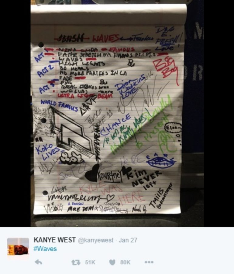 Kanyes tweet of the updated track list for his upcoming album, WAVES