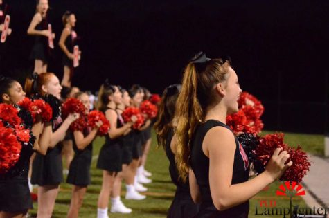 The cheerleaders lead the crowd in a cheer during a time-out