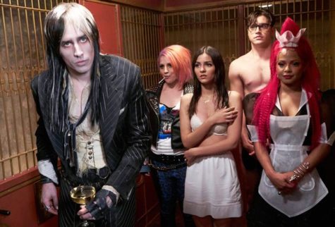 A still from the new film, L to R Reeve Carney as Riff Raff, Annaleigh Ashford as Columbia, Victoria Justice as Janet, Ryan McCartan as Brad, and Christina Milian as Magenta