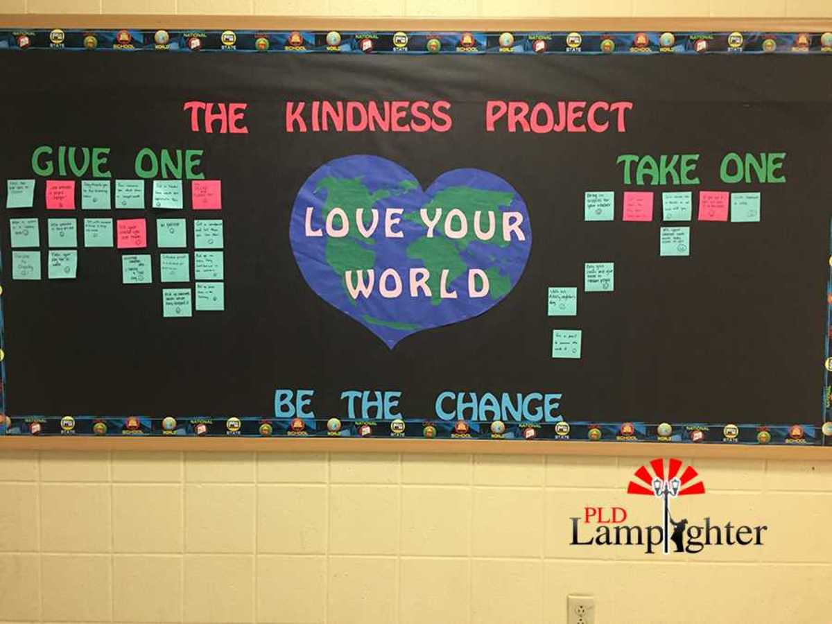 The kindness project board, run by students of Mr. Adams speech class in collaboration with the Outreach Club, is posted outside Mr. Adams door (Room 100) for all students to take and give a positive message.