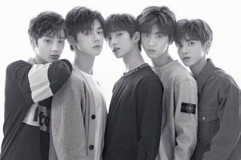 The five members of TXT from left to right: Huening Kai, Yeonjun, Soobin, Beomgyu, and Taehyun.