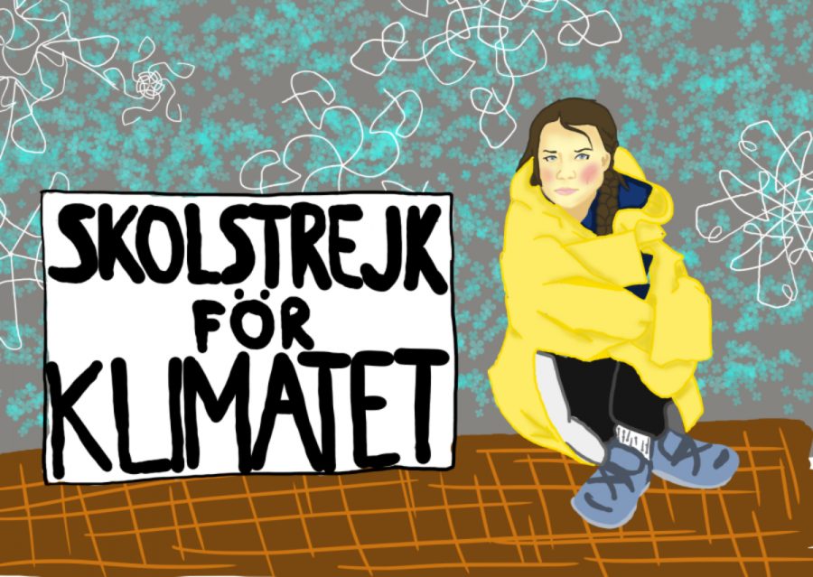Greta Thunberg at her march for climate change. The sign translates to school strike for the climate. 