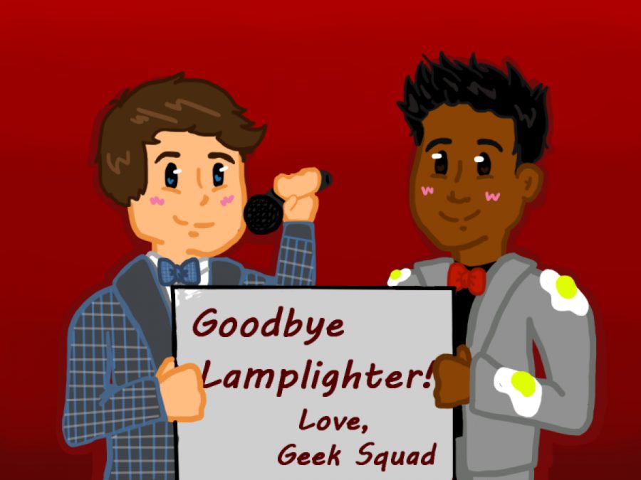 Geek Squad members, Matthew Nichols and Clay Rains, hold a sign that says Goodbye Lamplighter! Love, Geek Squad