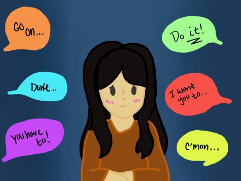 Staff Cartoonist Emily Hacker illustrated the thoughts that students commonly have when responding to peer pressure.