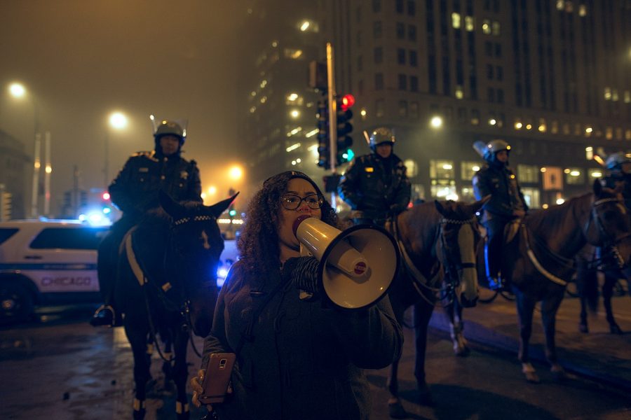 Protests can sometimes turn rowdy, such as this 2017 Chicago protest against Trump.