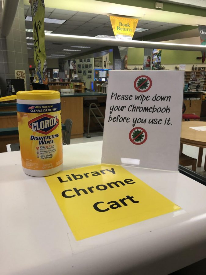 PLD+Librarian+Mrs.+Summer+Perry+said+that+she+decided+to+provide+Clorox+wipes+at+the+library+Chromebooks+station+so+students+can+sanitize+before+and+after+each+use.+
