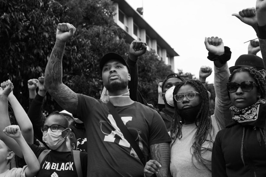 Damian Lillard of the Portland Trail Blazers, seen protesting in Portland Oregon.