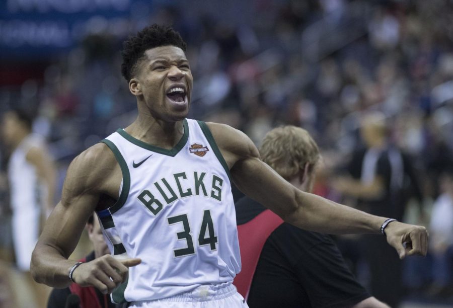 Giannis Antetokounmpo celebrating after a previous win for the Bucks'.