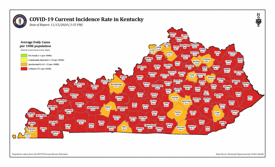 More than 100 of Kentuckys 120 counties are currently in the red zone. Unlike in previous days, none of Kentuckys counties are in the yellow zone, which indicates community spread but not accelerated transmission of COVID-19. 