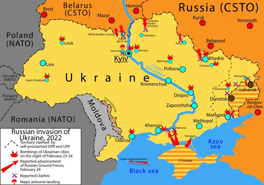 This map includes bombing locations and ground clashes in Ukraine on Feb. 24, 2022.