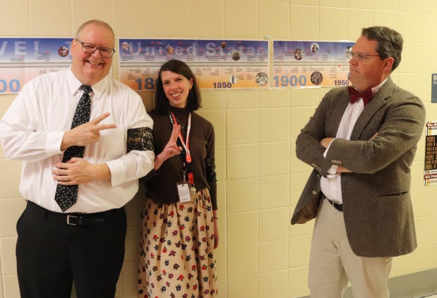 Social studies teachers Mr. Campbell, Mrs. Bilkha, and Mr. Wilkinson are the supreme court case, Tinker v. Des Moines. 
The brother and sister that wore peace sign arm bands to protest the Vietnam war lols. Mr. Wilkinson is the principal that kicked them out of school.