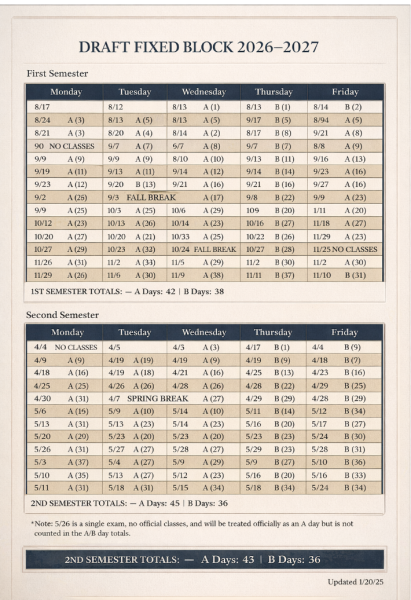 The tentative 2026-2027 calendar on the new fixed schedule.