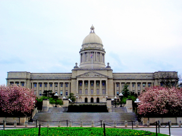 A photo of the front view of the Kentucky State Capitol Building.
